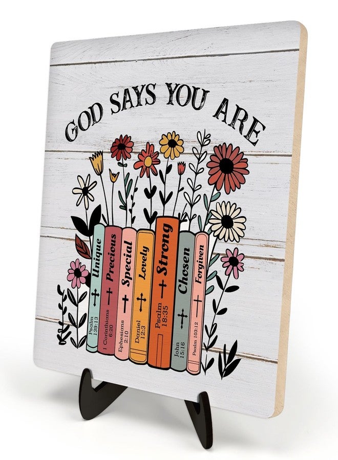 DMADNF Christian Desk Wooden Sign Decor, God Says You Are, Home Office Religious Motivational Decor Scripture Bible Verse Desk Decoration Inspirational Christian Gifts for Friends and Sisters 5.9x5.9inch(GOD - Image 1